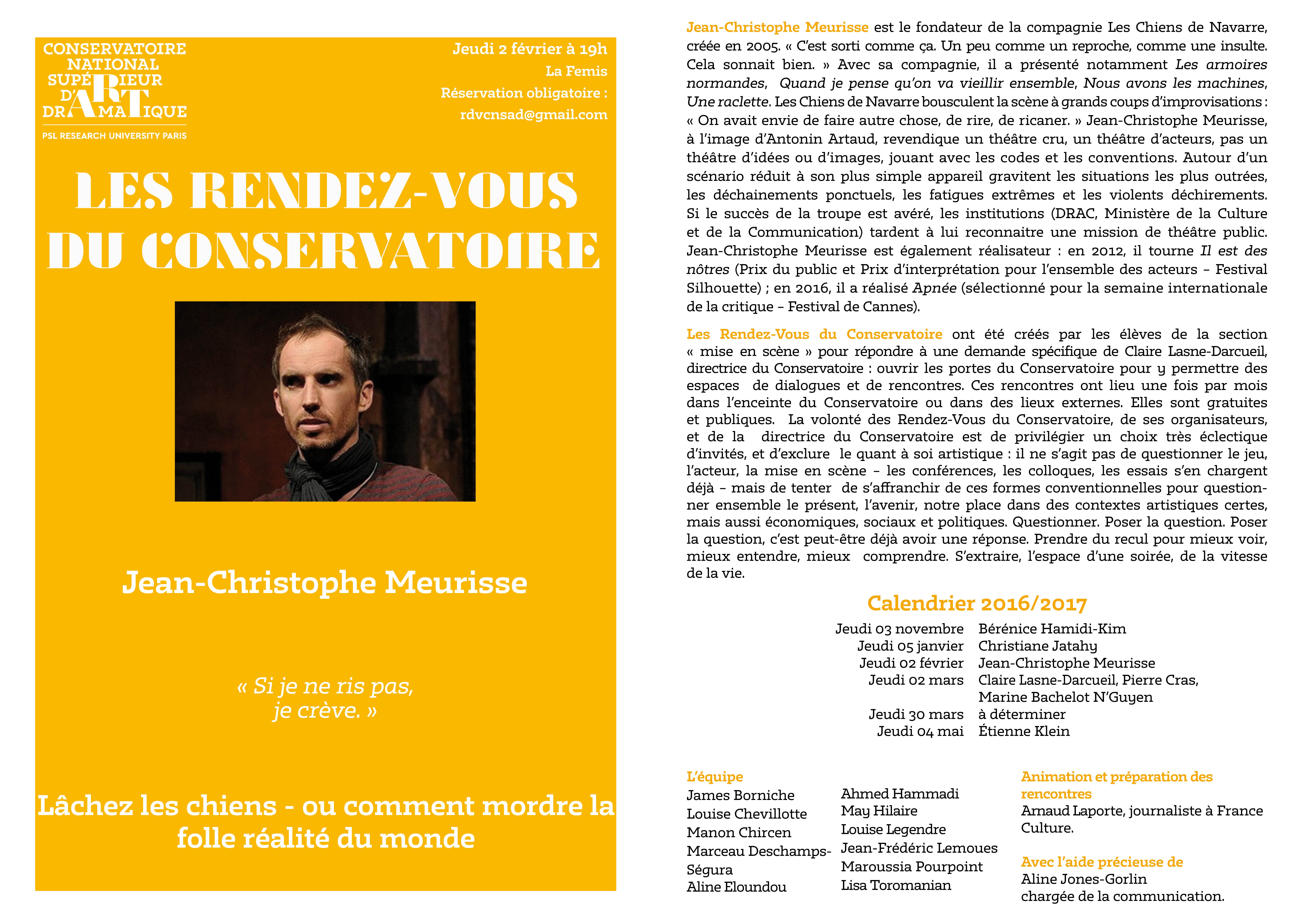 Rencontres du CNSAD: Jean-Christophe Meurisse le 2 février à 19h à la Fémis